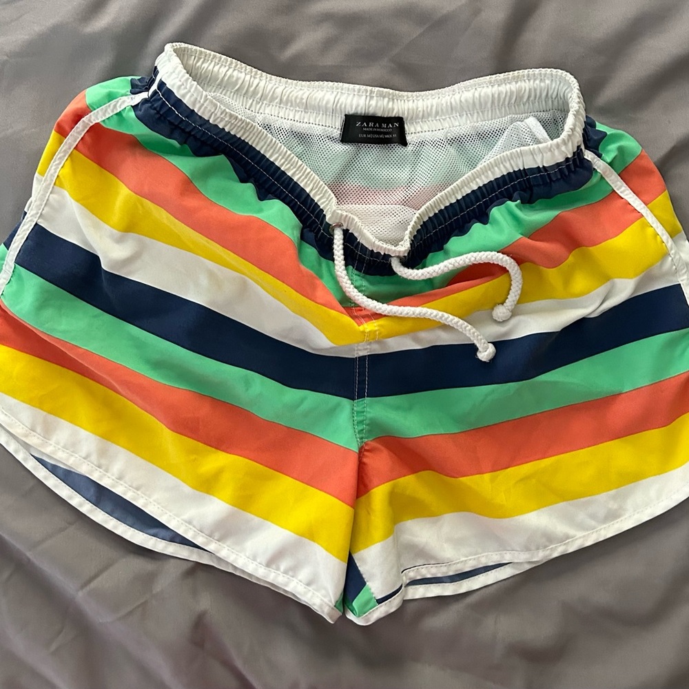 Zara Man Colorful Striped Swim Trunks 🌈 Men’s Medium | Retro Beach Shorts